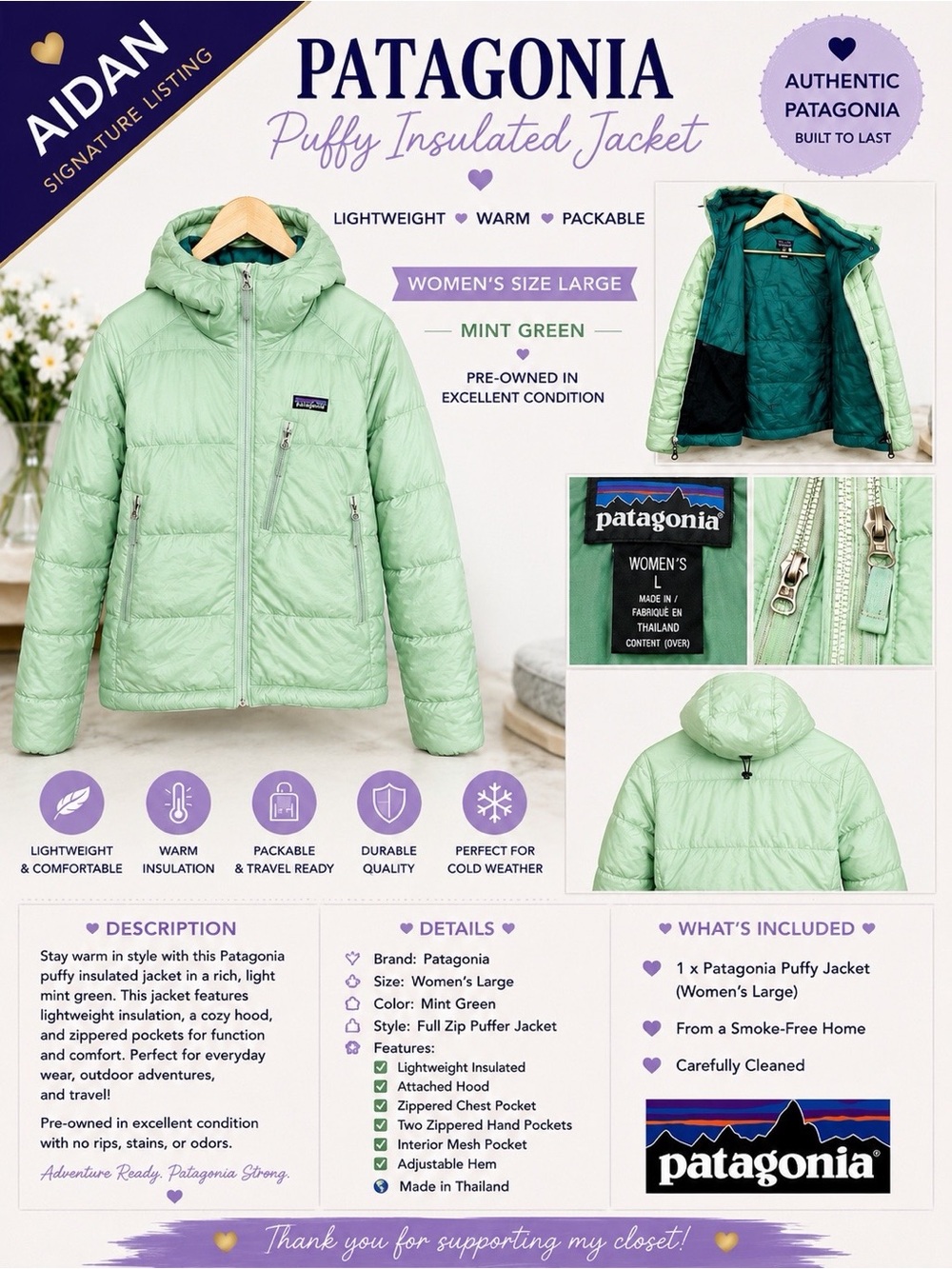 Patagonia Mint Green Hooded Insulated Puffer Jacket Full Zip Lightweight - Picture 2 of 3